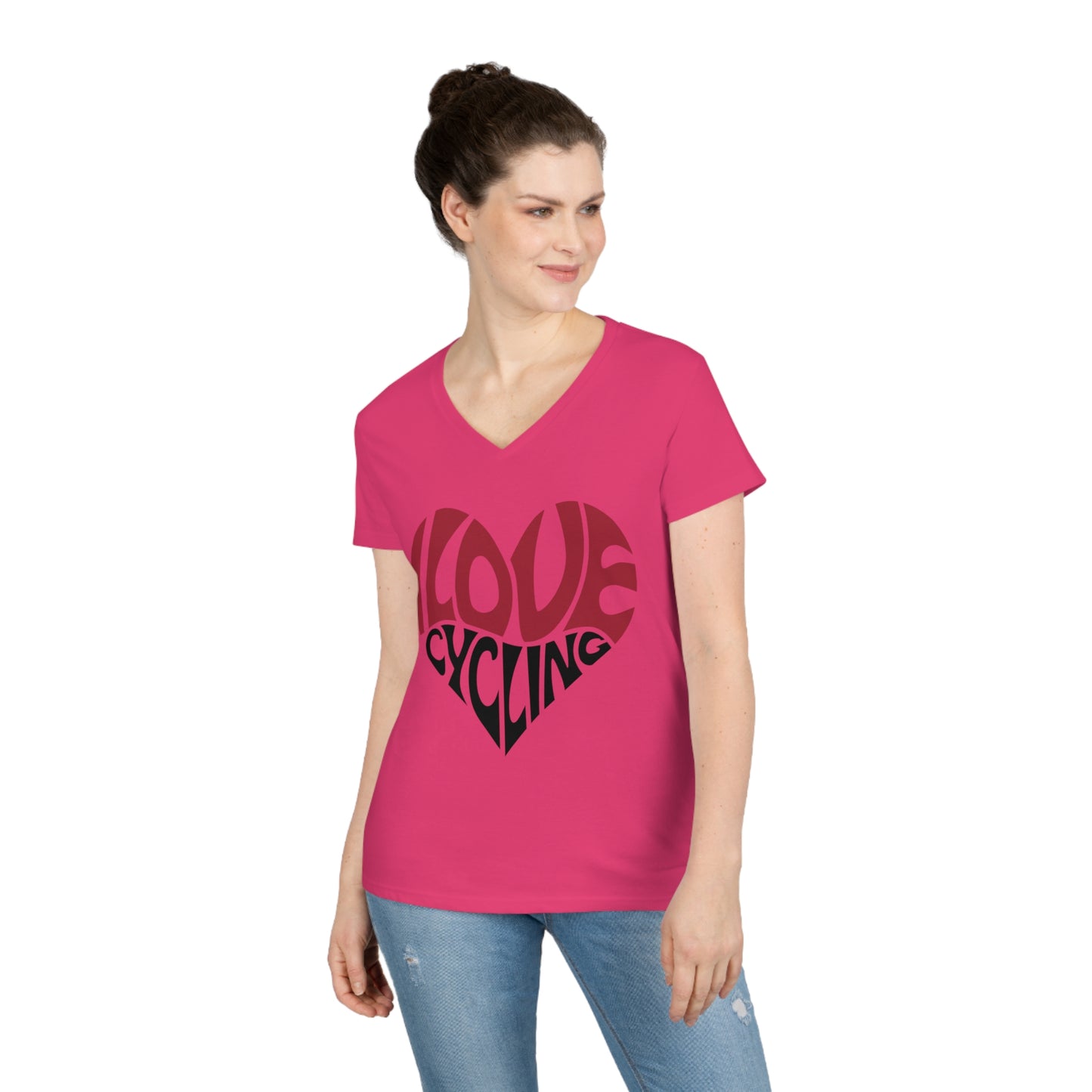 I Love Cycling Ladies' V-Neck T-Shirt | Women's Cute Cycling Shirt Heart Love Cycling