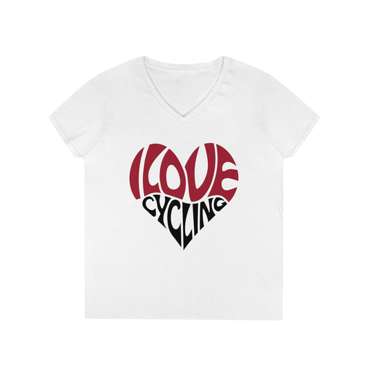 I Love Cycling Ladies' V-Neck T-Shirt | Women's Cute Cycling Shirt Heart Love Cycling
