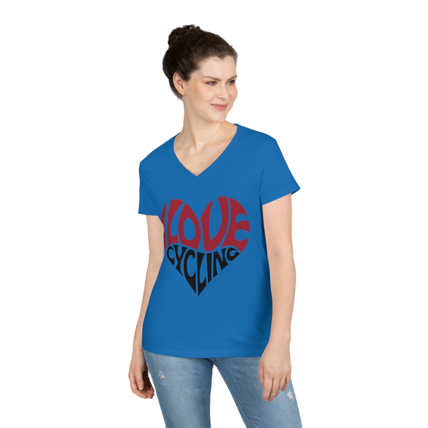I Love Cycling Ladies' V-Neck T-Shirt | Women's Cute Cycling Shirt Heart Love Cycling