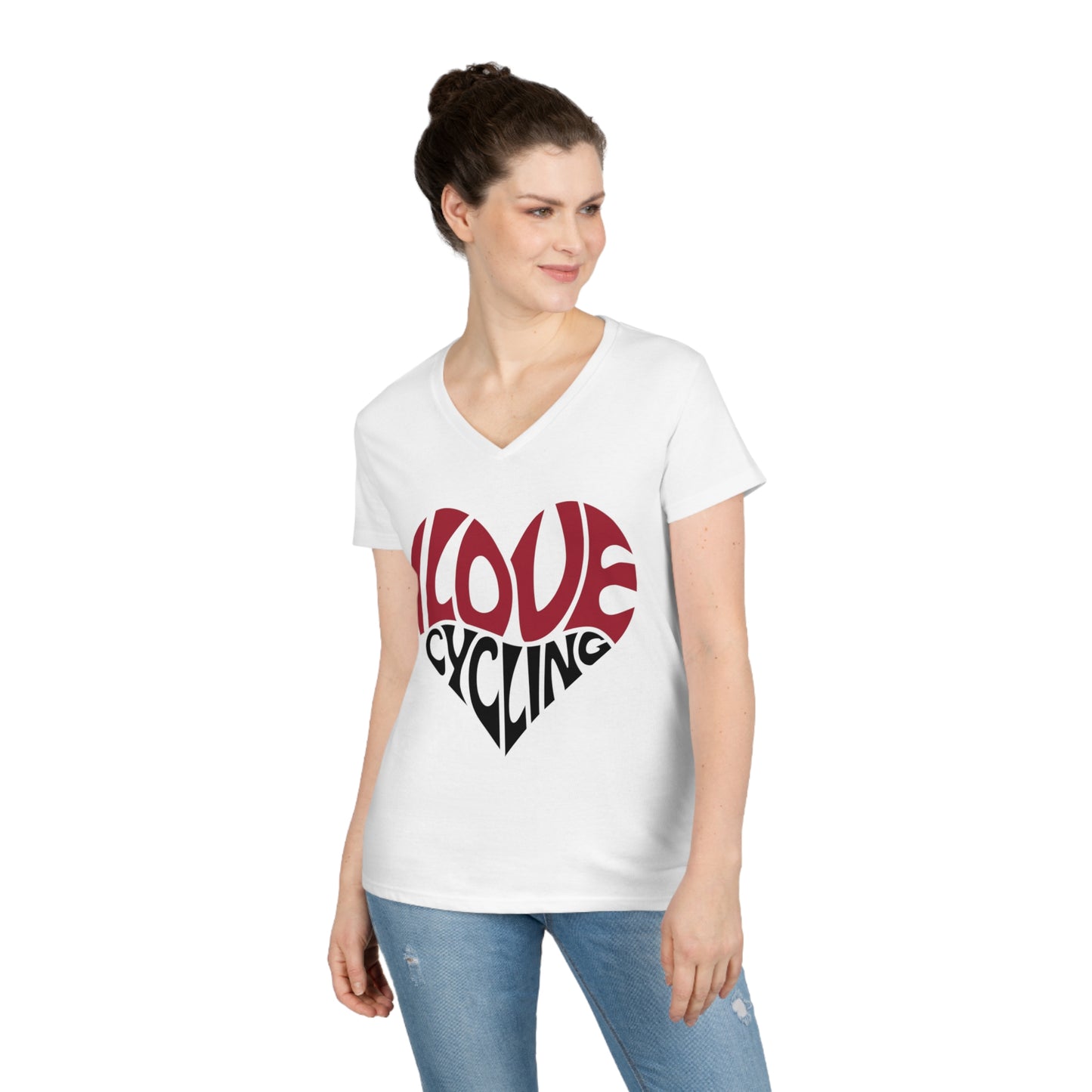 I Love Cycling Ladies' V-Neck T-Shirt | Women's Cute Cycling Shirt Heart Love Cycling