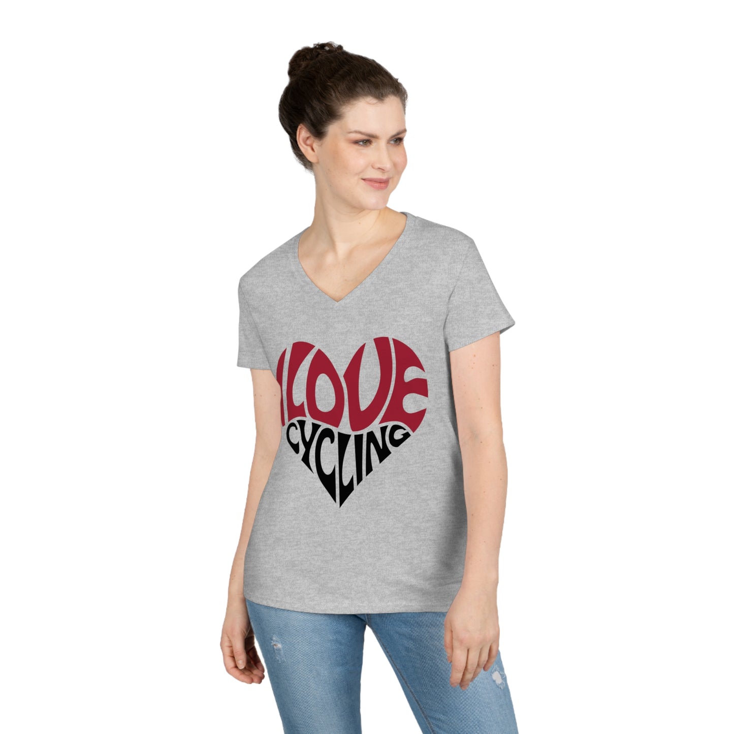 I Love Cycling Ladies' V-Neck T-Shirt | Women's Cute Cycling Shirt Heart Love Cycling