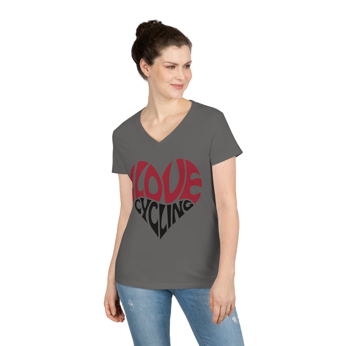 I Love Cycling Ladies' V-Neck T-Shirt | Women's Cute Cycling Shirt Heart Love Cycling