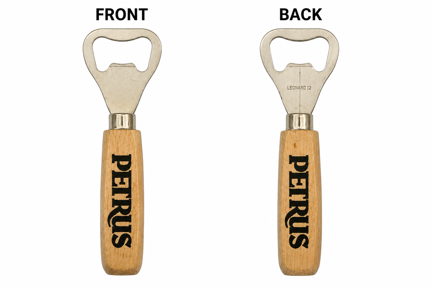 Petrus wooden bottle opener front and back view showing engraved wood handle and stainless steel head
