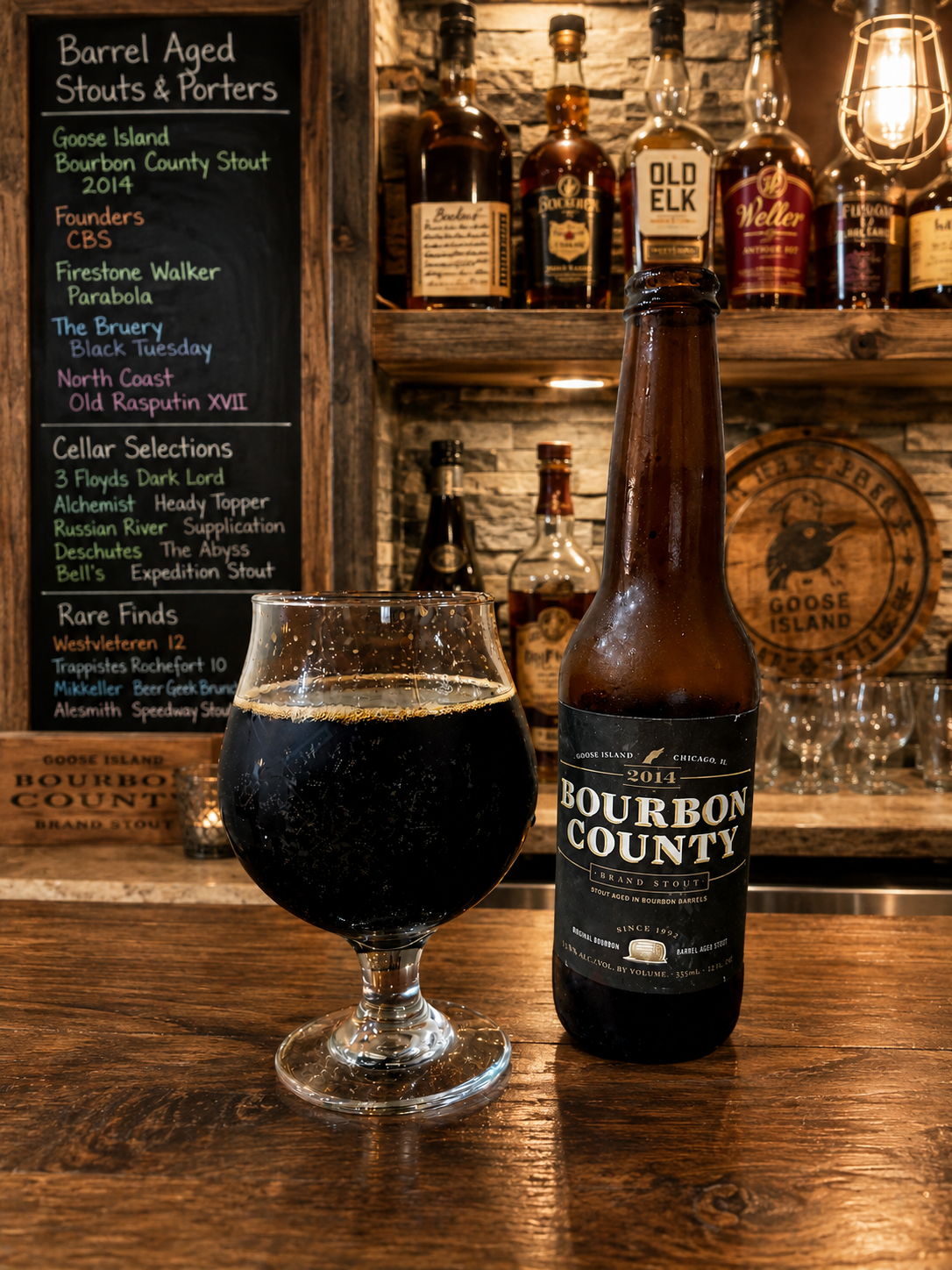 Goose Island Bourbon County Brand Stout 2014 poured into a tulip glass alongside the original bottle, showing deep opaque black color and minimal head after eleven years of cellaring