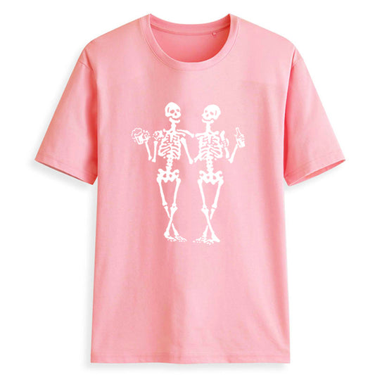 Dancing skull drinking beer funny printed casual women's T-shirt